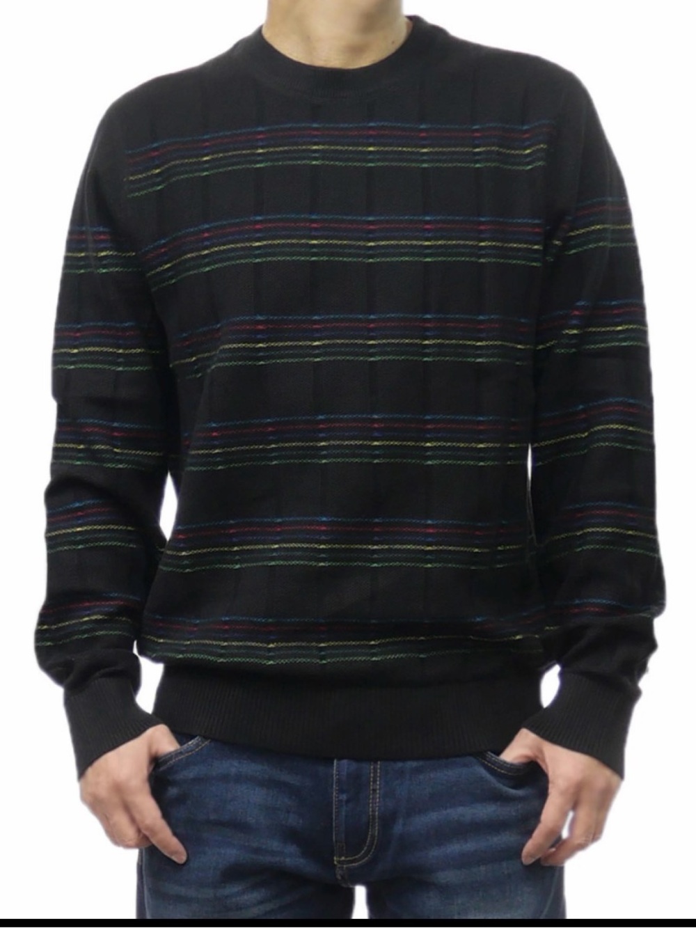 Paul Smith Black Crewneck Sweater with Multicolor Stripe Accents